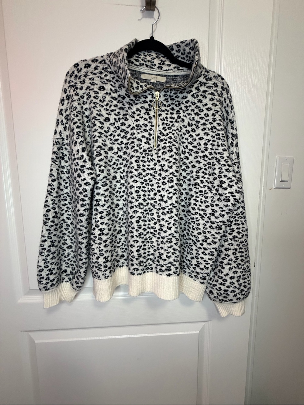 LOFT Black & White Leopard-Print Half Zip Pullover Sweater
